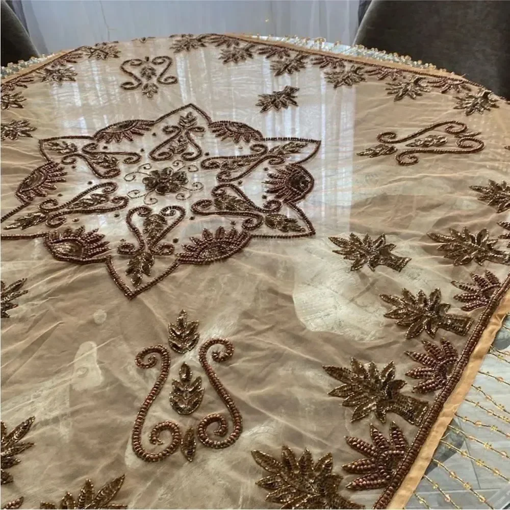 Elegant Brown and Gold  beaded Tablecloth, handmade in India 🇮🇳